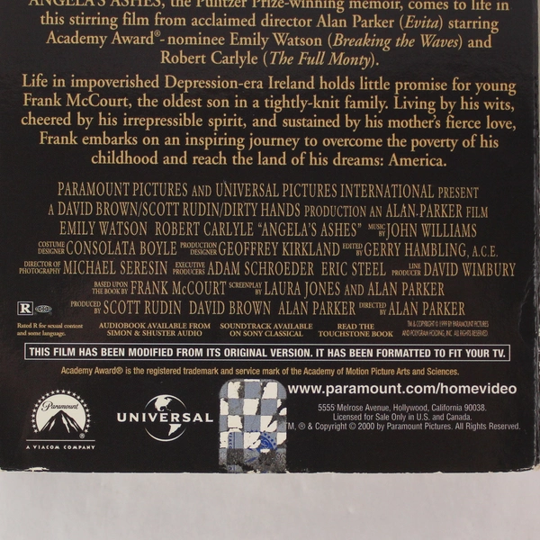 Angela's Ashes VHS 2000 - Emily Watson, Robert Carlyle - Paramount Home Video