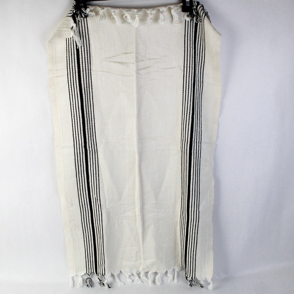 Unbranded Side Table Cover White W/ Black Stripes Woven & Fringe 19" x 31"