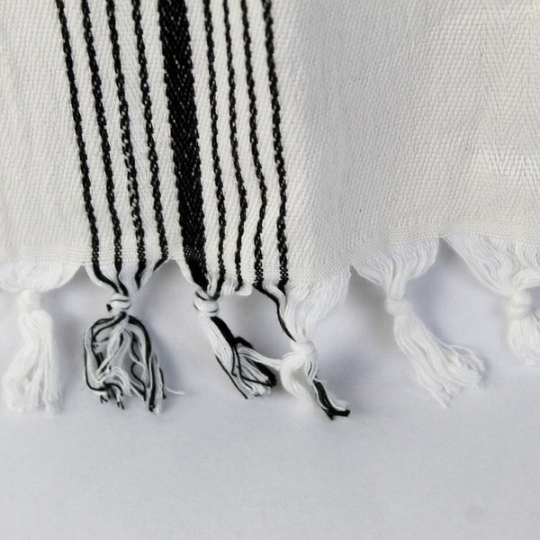 Unbranded Side Table Cover White W/ Black Stripes Woven & Fringe 19" x 31"