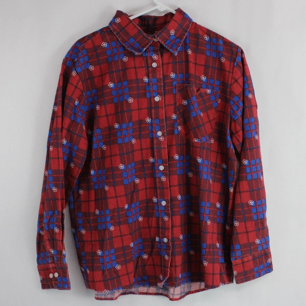American Sweetheart Women's Red & Blue Plaid Flower Long Sleeve Button Up Size L