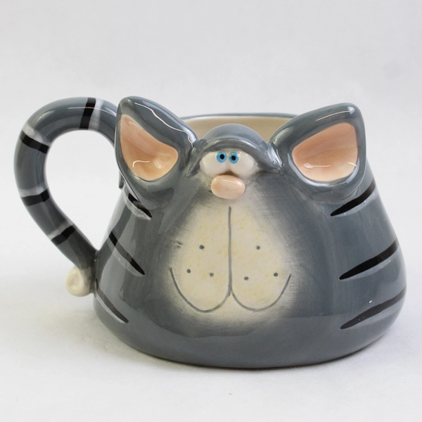 Russ Berrie Ceramic Mug Hand-Painted Gray Stripe Cat Collectible