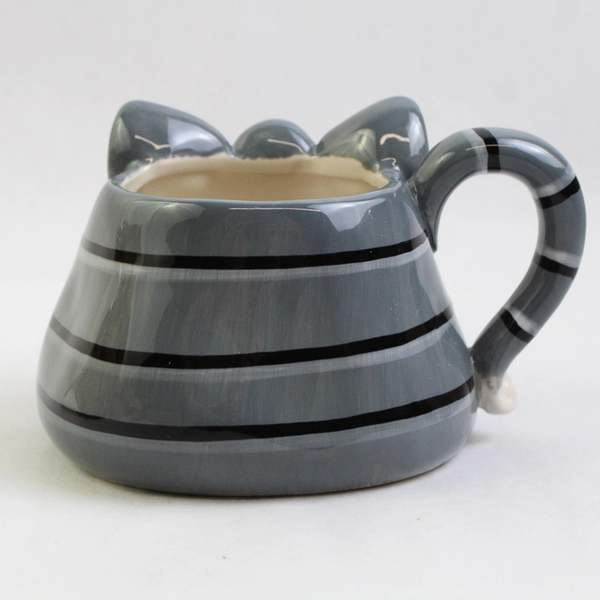 Russ Berrie Ceramic Mug Hand-Painted Gray Stripe Cat Collectible