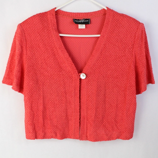 Molly Malloy Y2K Crop Cardigan Bright Coral Shoulder Pads Size 12 Button Front