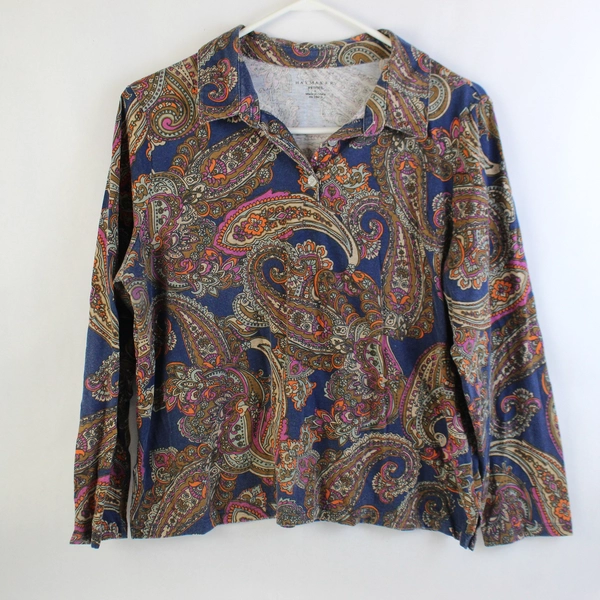 Haymaker Petite Long Sleeve Paisley Collared Top Size PL Multi Color