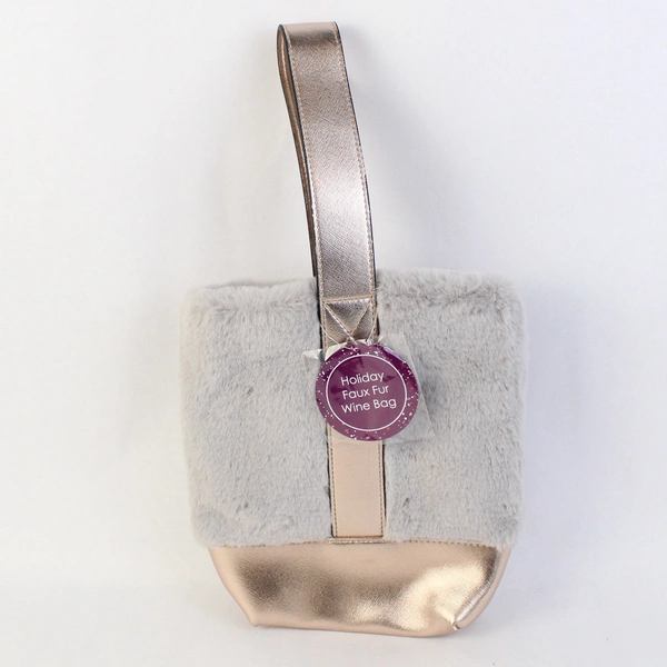 Arcadia Beauty Labs Holiday Faux Fur Wine Bag Gray With Gold Trim