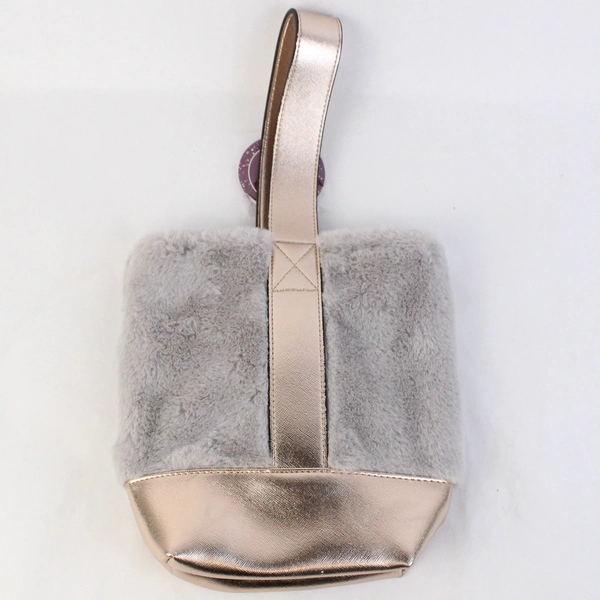 Arcadia Beauty Labs Holiday Faux Fur Wine Bag Gray With Gold Trim