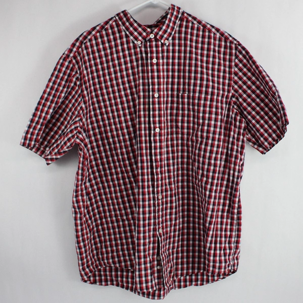 George Men's Red White & Blue Plaid Collar Short Sleeve Button Up Shirt Size XL