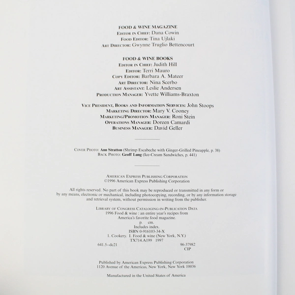 American Express 1996 Food & Wine Cookbook Hardcover
