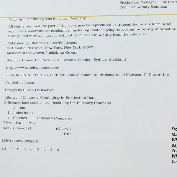 Pillsbury Best Cookies Cookbook by Clarkson Potter 1997 - Good Condition