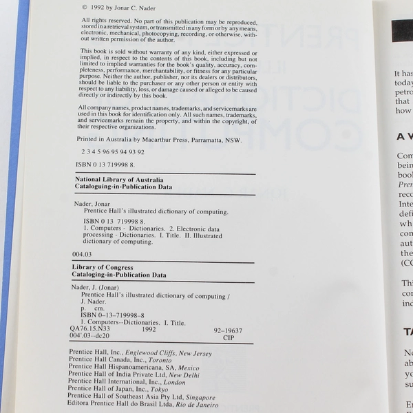 Prentice Hall Dictionary of Computing by Jonar C. Nader 1992 Paperback