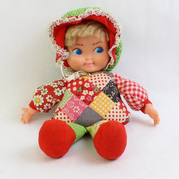 Vintage 10 Inch Cloth And Plastic Patchwork Doll Made In Taiwan