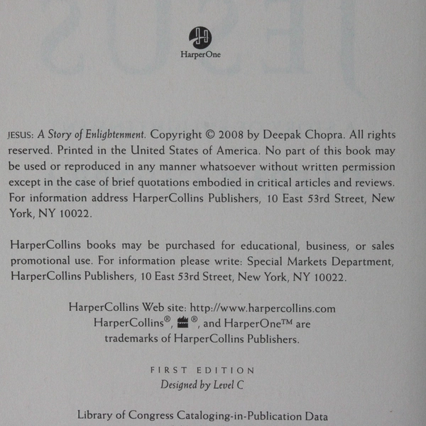 Jesus: A Story of Enlightenment by Deepak Chopra 2008 Hardcover Book