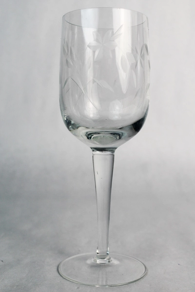 Vintage Etched Flower Straight Sided Clear Crystal Wine Glass Stemware
