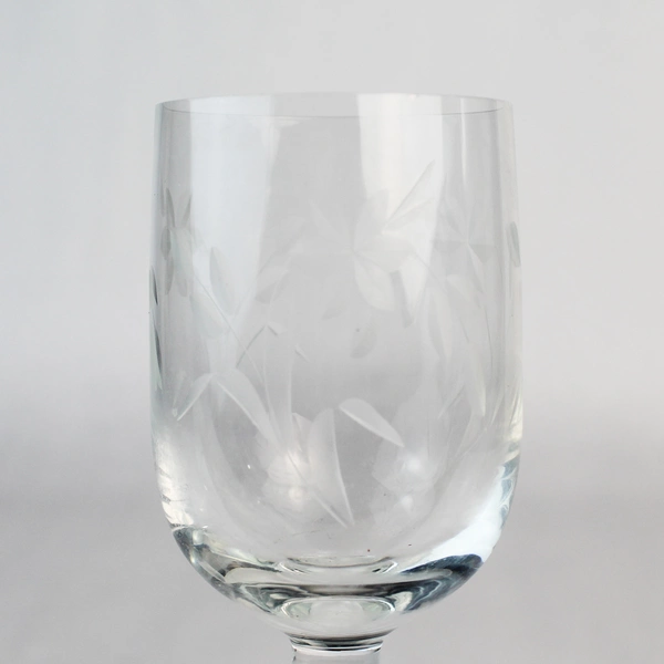 Vintage Etched Flower Straight Sided Clear Crystal Wine Glass Stemware