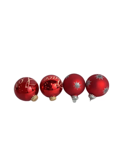 Lot of 4 Red Glass Christmas Ornaments Love Peace Star Glitter 2.5in