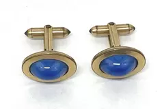 Vintage Brass Cufflinks with Blue Glass Center Men's Formal Jewelry