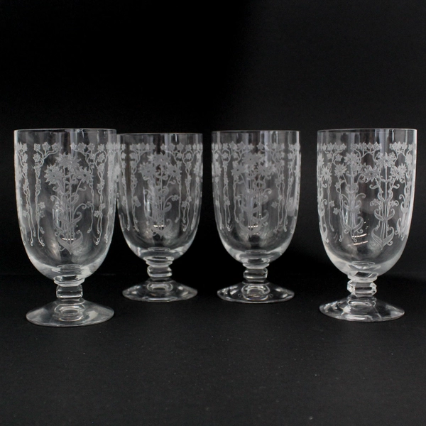 Set of 4 Unmarked Flower Engraved Clear Glass Goblets