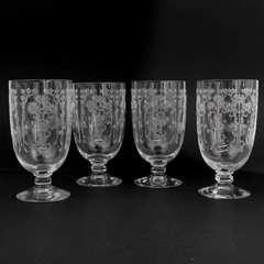 Set of 4 Unmarked Flower Engraved Clear Glass Goblets