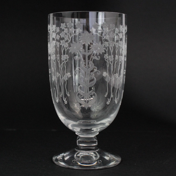 Set of 4 Unmarked Flower Engraved Clear Glass Goblets