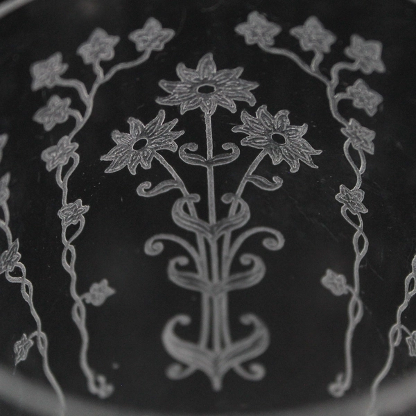 Set of 4 Unmarked Flower Engraved Clear Glass Goblets