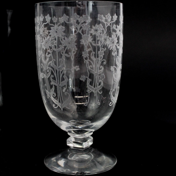 Set of 4 Unmarked Flower Engraved Clear Glass Goblets