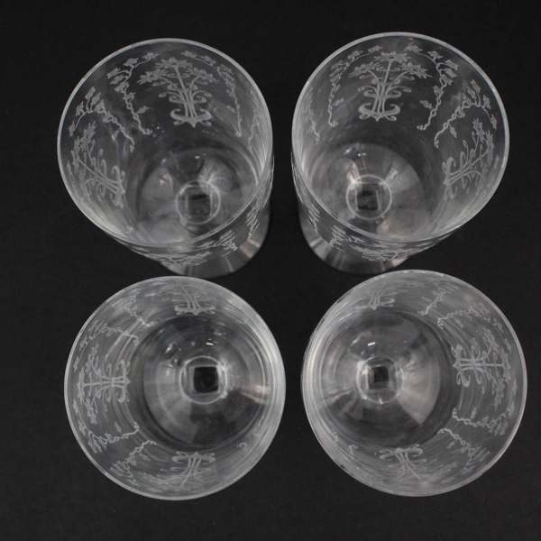Set of 4 Unmarked Flower Engraved Clear Glass Goblets