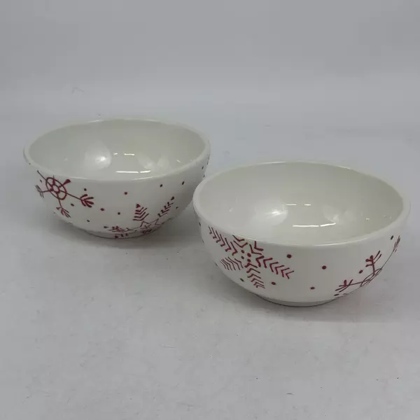 Set of 2 Holiday Home White Ceramic Cereal Bowls With Red Snowflakes