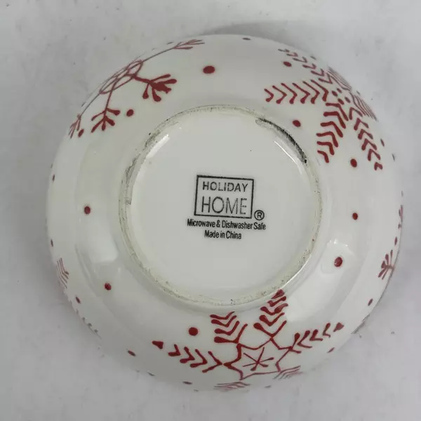 Set of 2 Holiday Home White Ceramic Cereal Bowls With Red Snowflakes