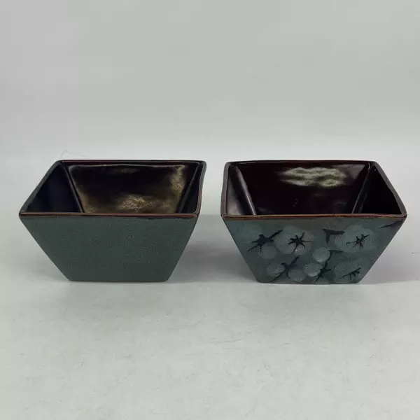 Set of 2 Oneida Cherry Blossom Square Bowl Green With Brown Trim