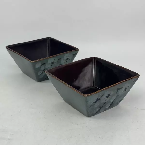 Set of 2 Oneida Cherry Blossom Square Bowl Green With Brown Trim