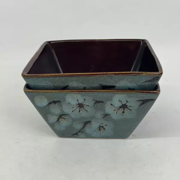 Set of 2 Oneida Cherry Blossom Square Bowl Green With Brown Trim