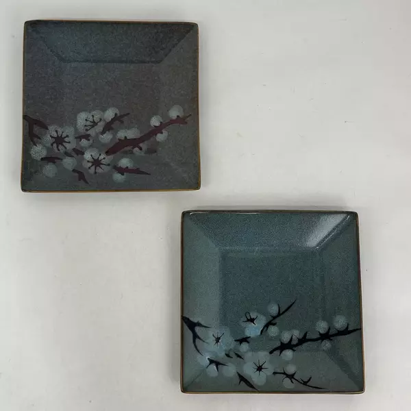 Set of 2 Pier 1 Cherry Blossom Square Salad Plate Green With Brown Trim 8 Inch