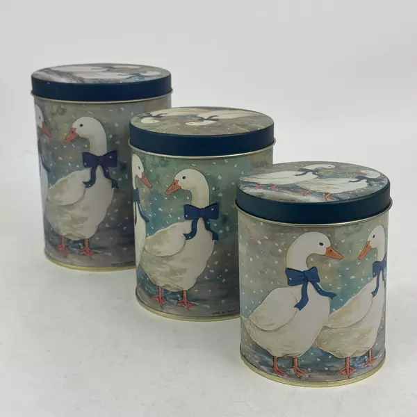 Vintage 80’s Nesting 3 Set Tins White Duck Bow In Winter Snowfall