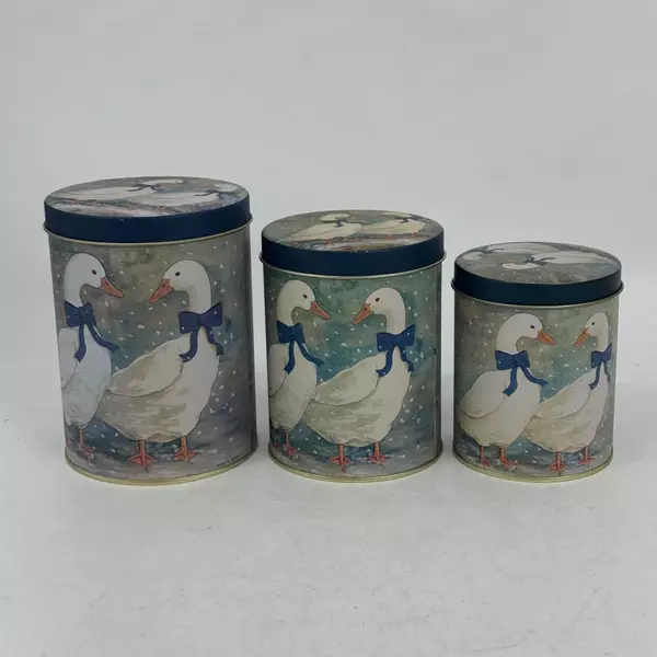 Vintage 80’s Nesting 3 Set Tins White Duck Bow In Winter Snowfall