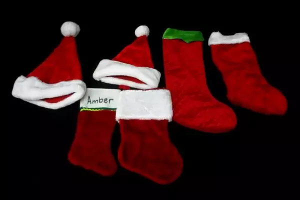 Lot of 6 Christmas Stockings with 2 Santa Hats 16" Red Plush White Faux Fur