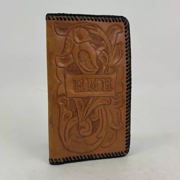 Brown Hand Tooled Leather Bi-fold Wallet Checkbook Floral Embossed Stitched