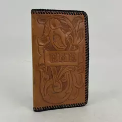 Brown Hand Tooled Leather Bi-fold Wallet Checkbook Floral Embossed Stitched
