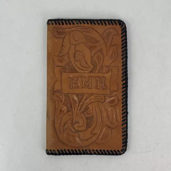 Brown Hand Tooled Leather Bi-fold Wallet Checkbook Floral Embossed Stitched