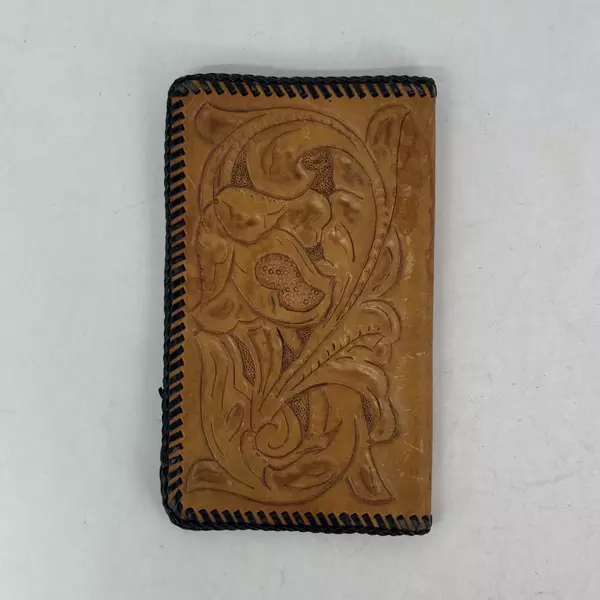 Brown Hand Tooled Leather Bi-fold Wallet Checkbook Floral Embossed Stitched