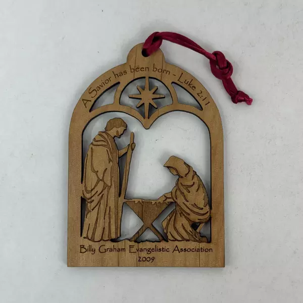 2009 Billy Graham Evangelistic Association Wooden Holy Family Christmas Ornament