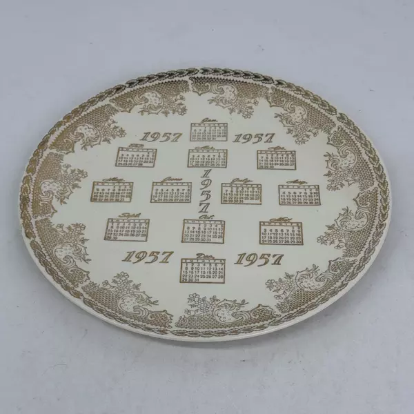1957 MCM Calendar Plate with Gold Accents