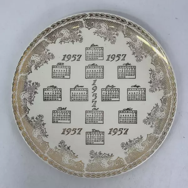 1957 MCM Calendar Plate with Gold Accents