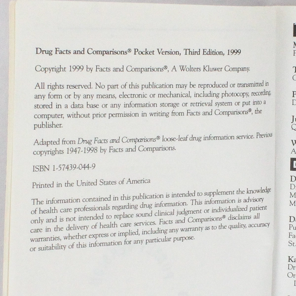 1999 Drug Facts and Comparisons Pocket Version Paperback