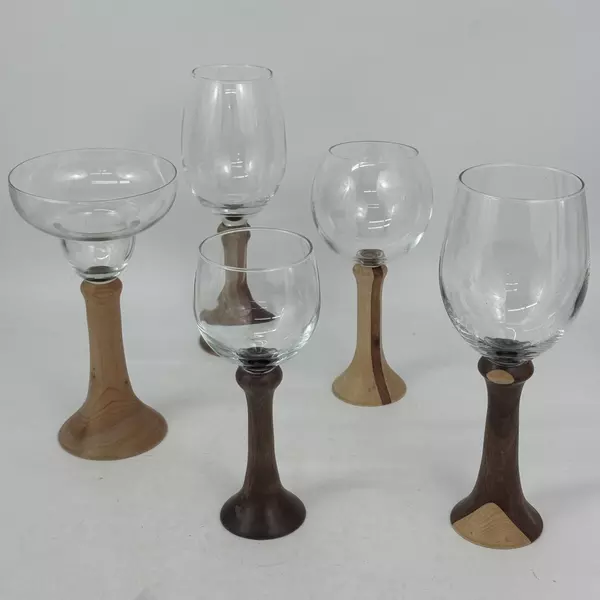 Lot of 5 Assorted Sized Turned Wood Base Wine And Margarita Glasses Signed