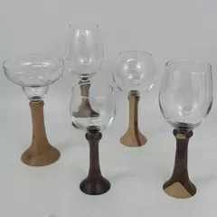 Lot of 5 Assorted Sized Turned Wood Base Wine And Margarita Glasses Signed