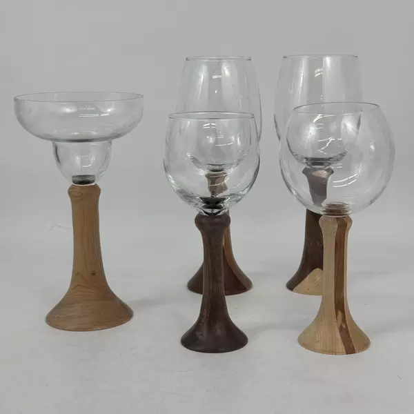 Lot of 5 Assorted Sized Turned Wood Base Wine And Margarita Glasses Signed