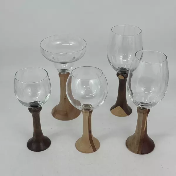 Lot of 5 Assorted Sized Turned Wood Base Wine And Margarita Glasses Signed