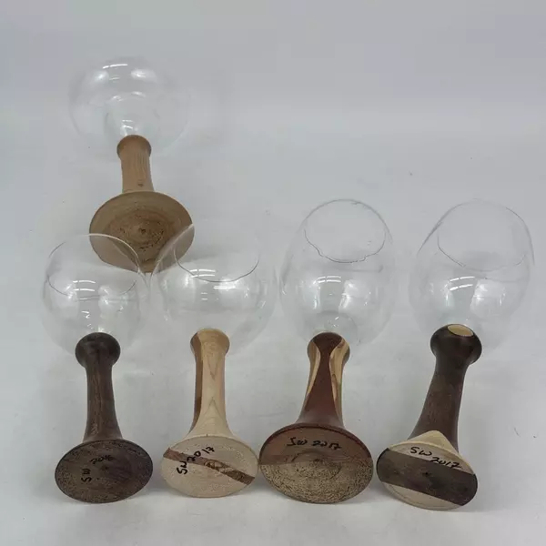 Lot of 5 Assorted Sized Turned Wood Base Wine And Margarita Glasses Signed