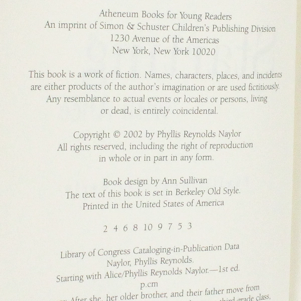 Starting with Alice by Phyllis Reynolds Naylor 2002 Hardcover DJ Ex-Library Book
