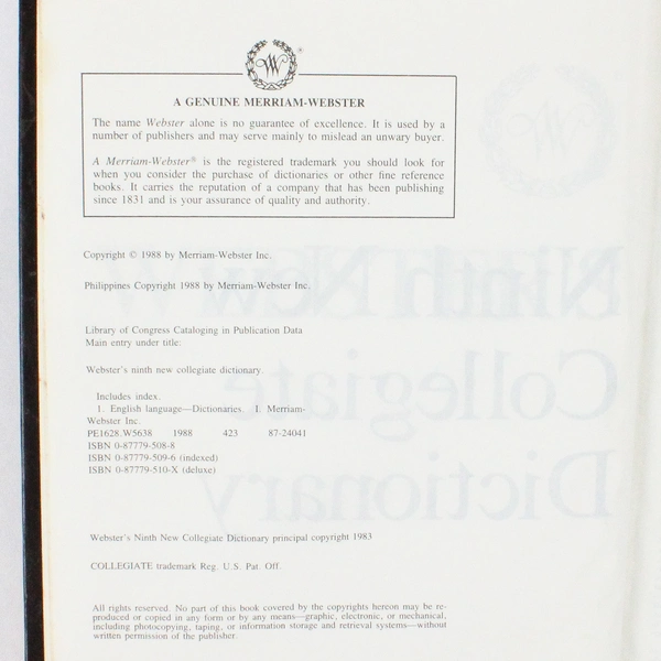 Webster's Ninth New Collegiate Dictionary 1988 Hardcover 